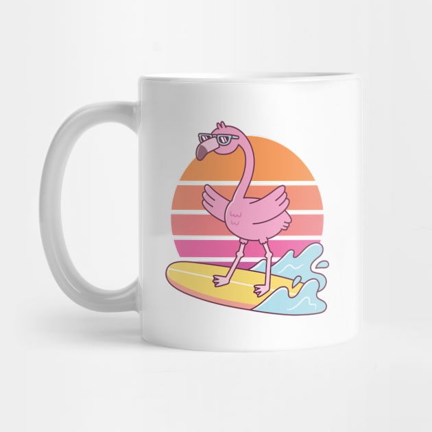 Funny Flamingo Surfing On Surfboard Sunset by rustydoodle